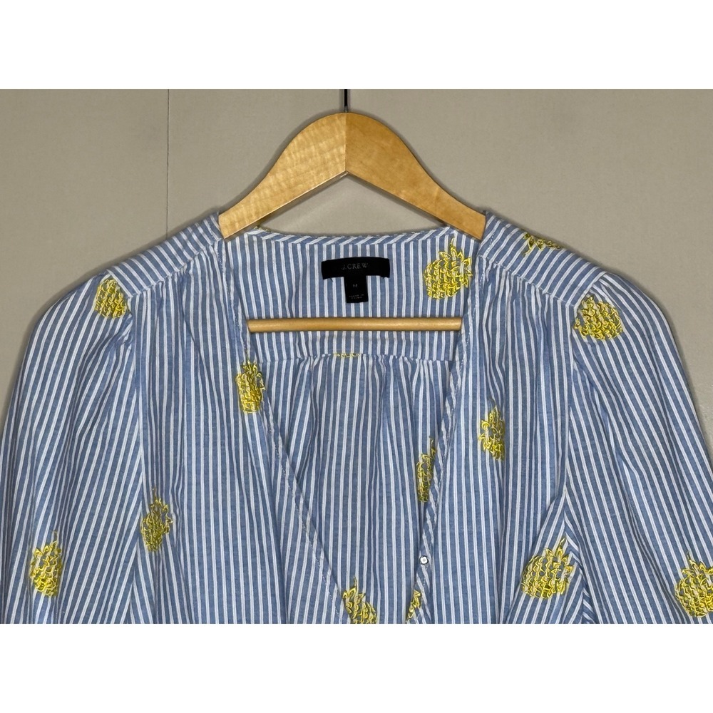 J.Crew Blue White Striped Pineapple Embroidered Wrap Tie Blouse Top Mens Medium - Picture 3 of 10